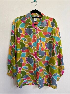 Vintage GITANO Silk Button-Up Blouse Vibrant Multicolor Abstract Pattern M